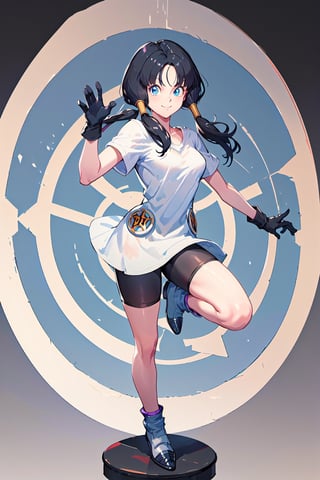 masterpiece, best quality, highres, videl2, solo, full_body, standing on a circular pedestal, blue eyes, black hair, twintails, black gloves, bike_shorts, bangs, white shirt, badge, medium breasts, smile, looking at viewer, anime concept art, detailed eyes, detailed face, flying pose,