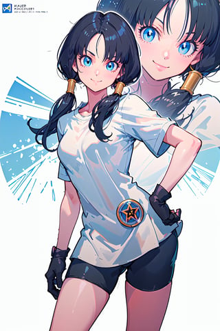 masterpiece, best quality, highres, videl2, solo, full_body, standing on a circular pedestal, blue eyes, black hair, twintails, black gloves, bike_shorts, bangs, white shirt, badge, medium breasts, smile, looking at viewer, anime concept art, detailed eyes, detailed face, ki charger pose,videl2