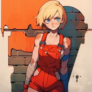 (Perfect body), Best Quality, ((Short Hair)), (blonde hair), blue eyes, face scars, ((body scars)), ((thick thighs)),  good fingers,  good hands, best eyes, round pupil, female_solo, red glove, bandages, brick wall, red overalls, (((missing left arm))), (((amputee))), (tired), glare, (((no left arm))), bloody, ((one arm)), one hand, missing left hand,