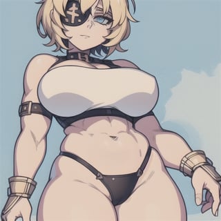 (Perfect body), Best Quality, ((Short Hair)), (blonde hair), blue eyes, eyepatch over left eye, face scars, body scars, ((thick thighs)),  good fingers,  good hands, best eyes, round pupil, female_solo