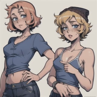 (Perfect body), Best Quality, (blush), (Short Hair), (Pixie Cut), Peach Skin, (skinny), flat chest, (freckles), Tomboy, strawberry blonde hair, blue eyes, veronica, cover, good fingers, good hands, five fingers, best eyes, round pupil,veronica, beanie, skater, skate park