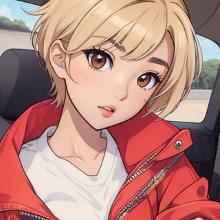 (Perfect body), Best Quality, ((Short Hair)), ((tan skin)), (blonde hair), asian, brown eyes, ((thick thighs)),  good fingers,  good hands, best eyes, round pupil, female_solo, ((tired)), glare, red jacket