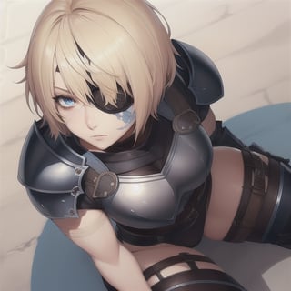(Perfect body), Best Quality, ((Short Hair)), (blonde hair), blue eyes, face scars, ((body scars)), ((thick thighs)),  good fingers,  good hands, best eyes, round pupil, female_solo, ((tired)), glare, (((left eyepatch))), knight armor, from above, looking up