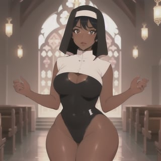 (Perfect body), Best Quality, (((blush))), (((Dark Skin))), (Short Hair),  ((thick thighs)),  shy, freckles,  black hair,  brown eyes,  cover,  good fingers,  good hands, best eyes, round pupil,veronica,ink,b1mb0, nun, church