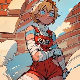 (Perfect body), Best Quality, ((Short Hair)), (blonde hair), blue eyes, eye bandage, face scars, body scars, ((thick thighs)),  good fingers,  good hands, best eyes, round pupil, female_solo, red glove, bandages, brick wall, red overalls, no left arm, amputee