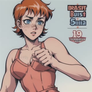 (Perfect body), Best Quality, (blush), (Short Hair), (Pixie Cut), Peach Skin, (skinny), flat chest, (freckles), Tomboy, strawberry blonde hair, blue eyes, veronica, cover, good fingers, good hands, five fingers, best eyes, round pupil,veronica,1990s (style), martial arts, gi