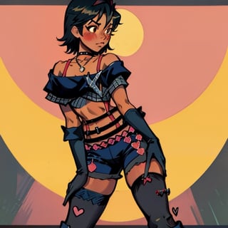 (Perfect body), Best Quality, (((Blush))), (((Dark Skin))), (Short Hair),  ((thick thighs)),  black hair,  brown eyes,  cover,  good fingers,  good hands, best eyes, round pupil,veronica,paine,choker, necklace, crop top, off-shoulder,elbow gloves, suspenders,black shorts, thighhighs, boots, confident pose
