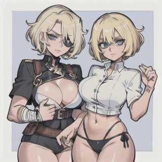 (Perfect body), Best Quality, ((Short Hair)), (blonde hair), left eyepatch, blue right eye, Face Scars, ((thick thighs)),  good fingers,  good hands, best eyes, round pupil, mean