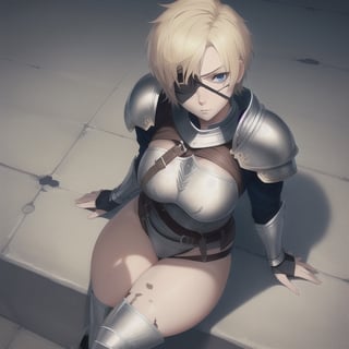 (Perfect body), Best Quality, ((Short Hair)), (blonde hair), blue eyes, face scars, ((body scars)), ((thick thighs)),  good fingers,  good hands, best eyes, round pupil, female_solo, ((tired)), glare, (((left eyepatch))), knight armor, from above, looking up
