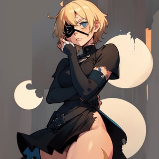 (Perfect body), Best Quality, ((Short Hair)), (blonde hair), blue eyes, face scars, ((body scars)), ((thick thighs)),  good fingers,  good hands, best eyes, round pupil, female_solo, ((tired)), glare, (((left eyepatch))), black dress, from bellow, looking down
