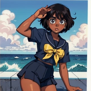 (Perfect body), Best Quality, (blush), (short hair), Dark Skin,  ((thick thighs)),  Tomboy,  shy,  freckles,  black hair,  brown eyes,  tan skin, veronica,  cover,  good fingers,  good hands, best eyes, round pupil, retro,1990s \(style\), sailor uniform, salute, ocean, warship