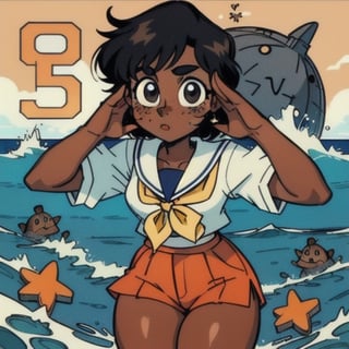 (Perfect body), Best Quality, (blush), (short hair), Dark Skin,  ((thick thighs)),  Tomboy,  shy,  freckles,  black hair,  brown eyes,  tan skin, veronica,  cover,  good fingers,  good hands, best eyes, round pupil, retro,1990s \(style\), sailor uniform, salute, ocean, warship