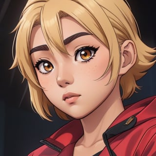 (Perfect body), Best Quality, ((Short Hair)), ((tan skin)), (blonde hair), asian, brown eyes, face scars, ((body scars)), ((thick thighs)),  good fingers,  good hands, best eyes, round pupil, female_solo, ((tired)), glare, (((left eyepatch))), red jacket