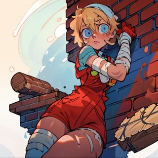 (Perfect body), Best Quality, ((Short Hair)), (blonde hair), blue eyes, eye bandage, face scars, body scars, ((thick thighs)),  good fingers,  good hands, best eyes, round pupil, female_solo, red gloves, bandages, brick wall, red overalls