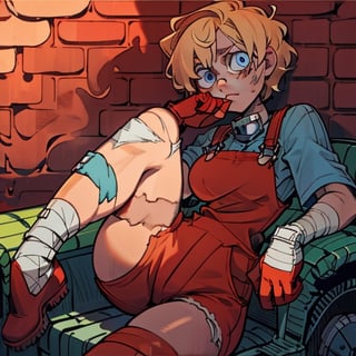 (Perfect body), Best Quality, ((Short Hair)), (blonde hair), blue eyes, eyepatch over left eye, face scars, body scars, ((thick thighs)),  good fingers,  good hands, best eyes, round pupil, female_solo, red gloves, bandages, seat, sitting, brick wall, red overalls