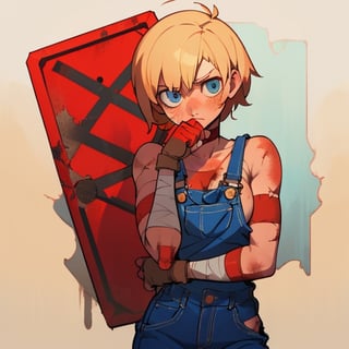 (Perfect body), Best Quality, ((Short Hair)), (blonde hair), blue eyes, face scars, ((body scars)), ((thick thighs)),  good fingers,  good hands, best eyes, round pupil, female_solo, red glove, bandages, brick wall, red overalls, (((missing left arm))), (((amputee))), (tired), glare, (((no left arm))), bloody, sign, ((one arm)), one hand, missing left hand,