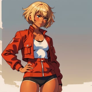 (Perfect body), Best Quality, ((Short Hair)), ((tan skin)), (blonde hair), asian, brown eyes, ((thick thighs)),  good fingers,  good hands, best eyes, round pupil, female_solo, ((tired)), glare, red jacket