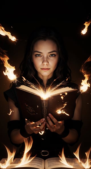 1 girl,{{Floating Fire Magic Spell and a burst of flam}},book,looking at viewer,close-up, cowboy shot,cinematic lighting, volume lighting, light particlestachie,dynamic angle ,ray tracing,, best quality, amazing quality, very aesthetic, absurdres