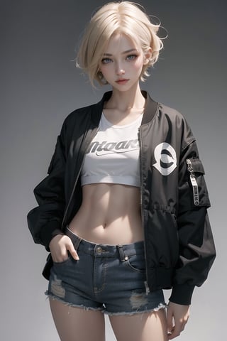 Best quality, masterpiece, ultra high res, (photorealistic:1.4), raw photo, korea girl 22 year old, blond sleek pixie shorts hair style, wearing oversize black jacket bomber m1, shorts bluejeans, white sneaker, solid grey background,