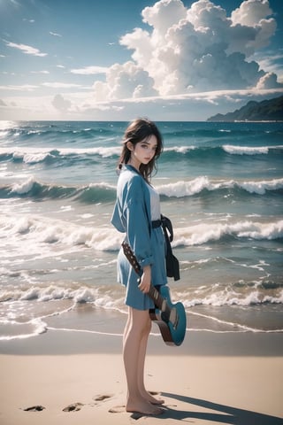 girl standing on a beach with electric guitar, dramatic clouds, blue sky, coastal scene, serene atmosphere, natural colors, stylish outfit, vintage vibes, scenic background, contemplative mood, Best quality, masterpiece, ultra high res, (photorealistic:1.4), raw photo, korea girl 22 year old