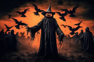 An emperor descends from the sky into the darkness. creepy full body scarecrow realistic with hatchet in hand at night foreboding background HD, flock of flying crows, corpses coming out of the ground, tenebrism, strange, multi tonal orange and black gradient tumultuous sky, dark core, moderately controlled chaos, ghost core, Nicolas Samori