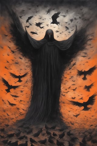 ((The Emperor of Darkness comes down from the sky)). Flocks of flying crows, corpses emerging from the ground, Tenebrism, strange, multi-toned orange and black gradient tumultuous sky, dark core, moderately controlled chaos, ghost core, Nicholas Samori