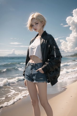 Best quality, masterpiece, ultra high res, (photorealistic:1.4), raw photo, korea girl 22 year old, blond sleek pixie shorts hair style, wearing oversize black jacket bomber m1, shorts bluejeans, white sneaker, girl standing on a beach with electric guitar, dramatic clouds, blue sky, coastal scene, serene atmosphere, natural colors, stylish outfit, vintage vibes, scenic background, contemplative mood