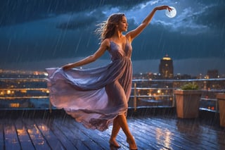  Nighttime, Urban Rooftop, Woman (in a flowing dress), Dancing, Romantic Atmosphere, Rainfall, City Lights in the Background, Soft Moonlight, Digital Art, Impressionistic Style, Photoshop, Digital Painting, High Resolution, Vibrant Color Palette, Subtle Glowing Effects, Moody Ambiance, Skillful Artist, Fine Details, Surreal Feel, Dreamlike Composition.