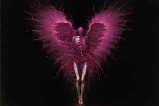 photorealistic 3d rendering of angel, but head replaced for an incomplete human heart made out of black/red silk and luminous golden veins, but falling appart. fragments falls down and plashing into a burning puddle of luminous burgundy paint splattering as liquid metal. in motion effect. long exposition camera. blurred with sparks. pink/violet spotlights. ultra detailed