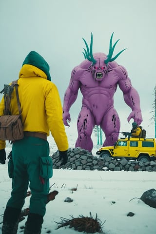 A (massive monster:1.2) looms in the background as a determined squad of militia valiantly charges into the foreground, (eerie, photo by simon stålenhag:1.3), (selective focus, breathtaking:1.4), (motion blur:0.5), high contrast, high saturation, desaturated purple and yellow details, epiCPhoto