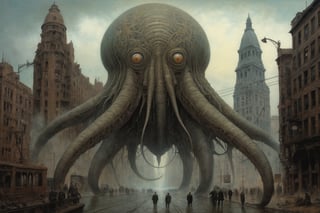 cybernetic creature dominating urban landscape, surreal maximalist details, Akihiko Yoshida meets HP Lovecraft, influences of Daniel Merriam, Nikolina Petolas, Peter Gric, Beksinski, and Giger, eerie and haunting lighting, acrylic painting medium, ultra-clear color scheme, detailed and realistic computer graphics, mesmerizing quality.