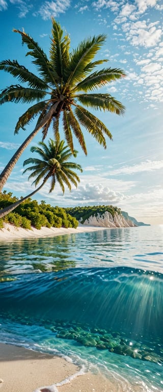 (Documentary Photo:1.6), BREAK (A color poster of a lush deserted beach with white sand, tall palm trees with green leafs and wonderful blue sea with fluffy clouds in the sky:1.4), (view from the sea:1.3), (sea wave closeup:1.3) (split shot, half in the water half outside:1.3). BREAK intricate, detailed, perfect geometry, fine details, realistic shaded, retro colour palette, CG Society, octane render, photo_b00ster, island,