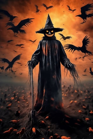 ((An emperor descends from the sky into the darkness)). creepy full body scarecrow realistic with hatchet in hand at night foreboding background HD, flock of flying crows, corpses coming out of the ground, tenebrism, strange, multi tonal orange and black gradient tumultuous sky, dark core, moderately controlled chaos, ghost core, Nicolas Samori