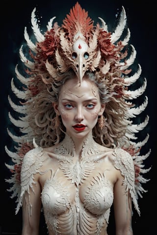 full body , symmetrical portrait of surreal abandoned sculpture of colorful feathered mayan god Kukulcan as female queen with a splashing coloration of Alberto Seveso,  covered with white tentacles white flesh white meat on white exoplanet, soft bloom, dream - like heavy mysterious atmosphere, in the wastelands,  baroque landscape, perfect composition, beautiful detailed intricate insanely detailed octane, unreal engine 5, 8k artistic photography, photo realistic, soft natural volumetric cinematic perfect light, chiaroscuro, award - winning photography,  ((tsutomu nihei,  Bastien Lecouffe Deharme,  iris van herpen and wangechi Mutu)),  art forms of nature by ernst haeckel,  art nouveau,  symbolist,  Kinetic Art,  visionary,  gothic,  (((ancient mythical being:1.4))),  neo - gothic,  pre - raphaelite,  fractal lace,  intricate mythical botanical,  ai biodiversity,  surrealism,  hyper detailed ultra sharp octane render,  (Audrey Kawasaki,  Anna Dittmann:1.4),  known for their captivating and atmospheric pieces. The overall effect of the image is ethereal,  as if the woman is enveloped in glowing stardust,  created expertly by artist W. Zelmer. The image is of exceptional quality,  showcasing the fine details and masterful blending of colors, red lips, a wry smile on her face, she is terrifying,FilmGirl, 