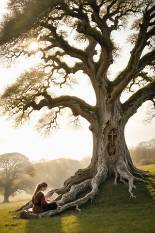 Detailed Prompt: A lone figure, under an ancient oak tree, reading an ancient manuscript, surrounded by mist, with soft sunlight filtering through the leaves, creating a mystical ambiance. Traditional Art, Pencil Drawing, Detailed Cross-Hatching, Antique Vibe, Medium Close-Up, Warm Earthy Tones, Serene Environment, Historical Context, Fantasy Setting.

Positive Prompt: Scholar, Ancient Oak, Studious Reading, Mystical Atmosphere, Soft Sunlight, Traditional Pencil Drawing, Detailed Cross-Hatching, Antique Aesthetic, Medium Close-Up, Warm Earthy Tones, Serene Environment, Historical Fantasy Setting.