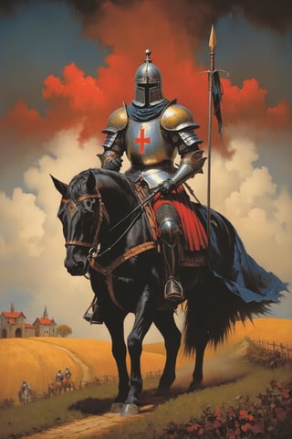 Medieval mythology: legendary in medieval lore, the enigmatic Black Knight embodies mystery, formidable prowess, and a guardian's unwavering commitment in timeless tales.,DonMM4g1cXL ,aw0k euphoric style, in the style of esao andrews,esao andrews style