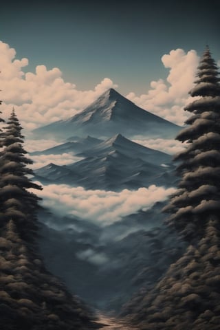 mountain, bluesky, forest, foggy, cloud, (masterpiece),((ultra-detailed)), (highly detailed CG illustration),(expressionless), (best quality:1.2), High quality texture, intricate details, detailed texture, High quality shadow, Cinematic Light, Depth of field, light source contrast, perspective,20s, (