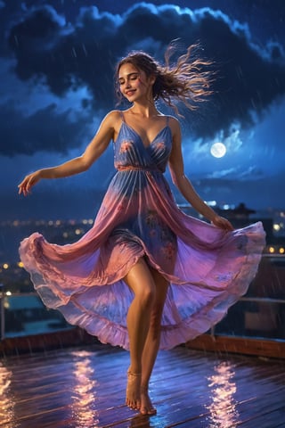  Nighttime, Urban Rooftop, Woman (in a flowing dress), Dancing, Romantic Atmosphere, Rainfall, City Lights in the Background, Soft Moonlight, Digital Art, Impressionistic Style, Photoshop, Digital Painting, High Resolution, Vibrant Color Palette, Subtle Glowing Effects, Moody Ambiance, Skillful Artist, Fine Details, Surreal Feel, Dreamlike Composition.,more detail XL