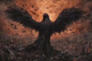 ((The Emperor of Darkness comes down from the sky)). Lovecraft style, Flocks of flying crows, corpses emerging from the ground, Tenebrism, strange, multi-toned orange and black gradient tumultuous sky, dark core, moderately controlled chaos, ghost core, Nicholas Samori