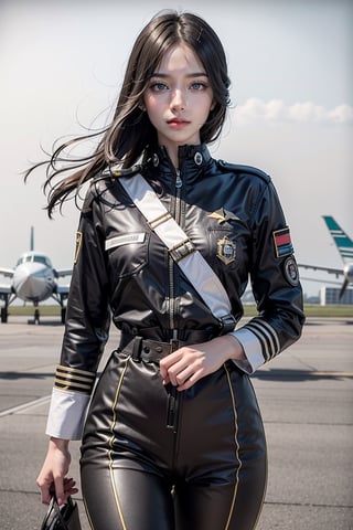 1930s, (masterpiece,best quality,ultra-detailed,8K,intricate, realistic,cinematic lighting),Generate AI art featuring a group of skilled and stylish female aviators in intricately detailed flight uniforms. 23yo,small face,Picture them standing by a vintage aircraft on a runway, exuding confidence and camaraderie. Emphasize the precision of their aviation attire, capturing the insignias, patches, and the distinctive details of their uniforms. Utilize a combination of vibrant colors and realistic detailing to bring to life the essence of female empowerment and teamwork in the world of aviation.kimtaeri