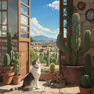 Scenery with a cat, cactus, and the little prince, 