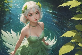 (((masterpiece))), (((best quality))), ((ultra-detailed)), (illustration), ((an extremely delicate and beautiful)),dynamic angle,floating, (beautiful detailed eyes), (detailed light) (1girl), loli, small_breasts, floating_hair,  glowing eyes, pointy_ears, white hair, green eyes,halter dress, feather, leaves, nature, (sunlight), river, (forest),(painting),(sketch),(bloom)