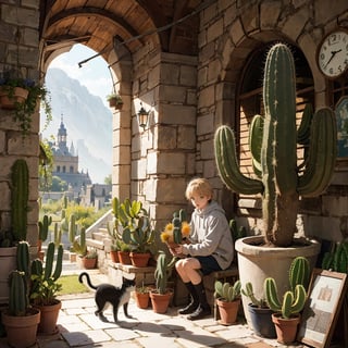 Scenery with a cat, cactus, and the little prince