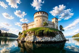 (Fisheye photograph:1.3) of a wonderful (medieval castle in Italy:1.4), island in the middle of a lake, castle full view closeup from the lake shore, (in the open:1.2),  14th century, (golden ratio:1.3), (medieval architecture:1.3),(mullioned windows:1.3),(brick wall:1.1), (towers with merlons:1.2), (full view:1.2), beautiful blue sky with imposing cumulonembus clouds, BREAK, (shot on GoPro Hero:1.2), Fujicolor Pro film, in the style of Miko Lagerstedt/Liam Wong/Nan Goldin/Lee Friedlander, (photorealistic:1.3), (soft diffused lighting:1.2), vignette, highest quality, original shot. BREAK well-lit, (perfect focus:1.2), award winning, detailed and intricate, masterpiece, itacstl,photo_b00ster