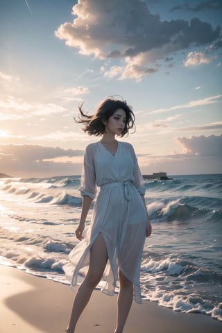 Girl stands tall on the sun-kissed beach, electric guitar slung low, dramatic clouds towering above, and a brilliant blue sky stretching out like an endless canvas. The coastal scene unfolds with serene atmosphere, natural colors shining bright. She's dressed to impress in stylish outfit, exuding vintage vibes as she gazes out at the scenic background. Her contemplative mood is palpable, lost in thought as the waves gently caress the shore. Capture this breathtaking moment in ultra-high res (photorealistic:1.4), a true masterpiece.