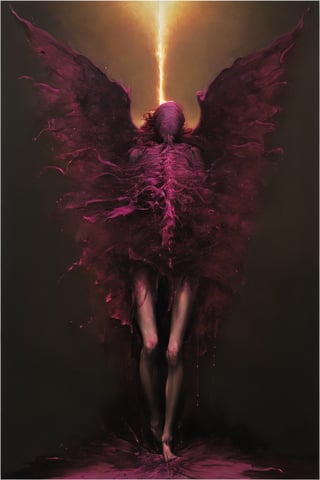 photorealistic 3d rendering of angel, but head replaced for an incomplete human heart made out of black/red silk and luminous golden veins, but falling appart. fragments falls down and plashing into a burning puddle of luminous burgundy paint splattering as liquid metal. in motion effect. long exposition camera. blurred with sparks. pink/violet spotlights. ultra detailed, in the style of esao andrews