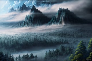 mountain, bluesky, forest, foggy, cloud, (masterpiece),((ultra-detailed)), (highly detailed CG illustration),(expressionless), (best quality:1.2), High quality texture, intricate details, detailed texture, High quality shadow, Cinematic Light, Depth of field, light source contrast, perspective,20s, (,rayearth
