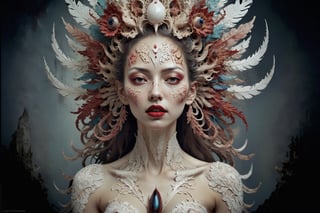 symmetrical portrait of surreal abandoned sculpture of colorful feathered mayan god Kukulcan as female queen with a splashing coloration of Alberto Seveso,  covered with white tentacles white flesh white meat on white exoplanet, soft bloom, dream - like heavy mysterious atmosphere, in the wastelands,  baroque landscape, perfect composition, beautiful detailed intricate insanely detailed octane, unreal engine 5, 8k artistic photography, photo realistic, soft natural volumetric cinematic perfect light, chiaroscuro, award - winning photography,  ((tsutomu nihei,  Bastien Lecouffe Deharme,  iris van herpen and wangechi Mutu)),  art forms of nature by ernst haeckel,  art nouveau,  symbolist,  Kinetic Art,  visionary,  gothic,  (((ancient mythical being:1.4))),  neo - gothic,  pre - raphaelite,  fractal lace,  intricate mythical botanical,  ai biodiversity,  surrealism,  hyper detailed ultra sharp octane render,  (Audrey Kawasaki,  Anna Dittmann:1.4),  known for their captivating and atmospheric pieces. The overall effect of the image is ethereal,  as if the woman is enveloped in glowing stardust,  created expertly by artist W. Zelmer. The image is of exceptional quality,  showcasing the fine details and masterful blending of colors, red lips, a wry smile on her face, she is terrifying,FilmGirl, full_body 