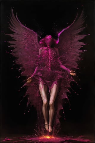 photorealistic 3d rendering of angel, but head replaced for an incomplete human heart made out of black/red silk and luminous golden veins, but falling appart. fragments falls down and plashing into a burning puddle of luminous burgundy paint splattering as liquid metal. in motion effect. long exposition camera. blurred with sparks. pink/violet spotlights. ultra detailed