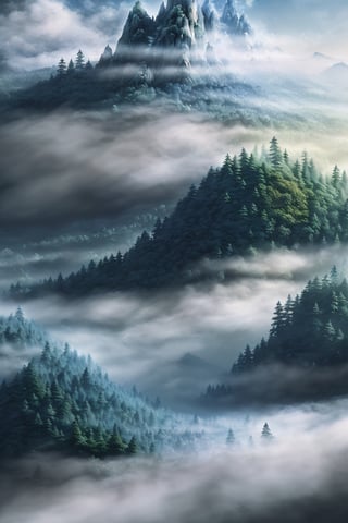 mountain, bluesky, forest, foggy, cloud, (masterpiece),((ultra-detailed)), (highly detailed CG illustration),(expressionless), (best quality:1.2), High quality texture, intricate details, detailed texture, High quality shadow, Cinematic Light, Depth of field, light source contrast, perspective,20s, (,rayearth